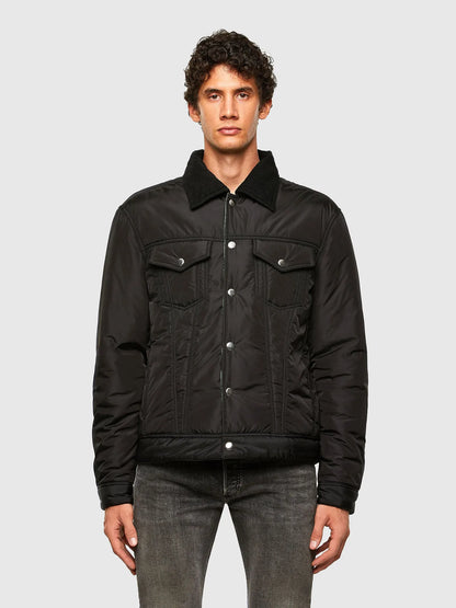 Diesel black jacket with snap buttons and two chest pockets, padded look.