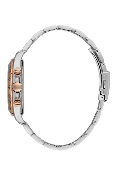 Rose-gold and silver metal watch case and link bracelet, side profile