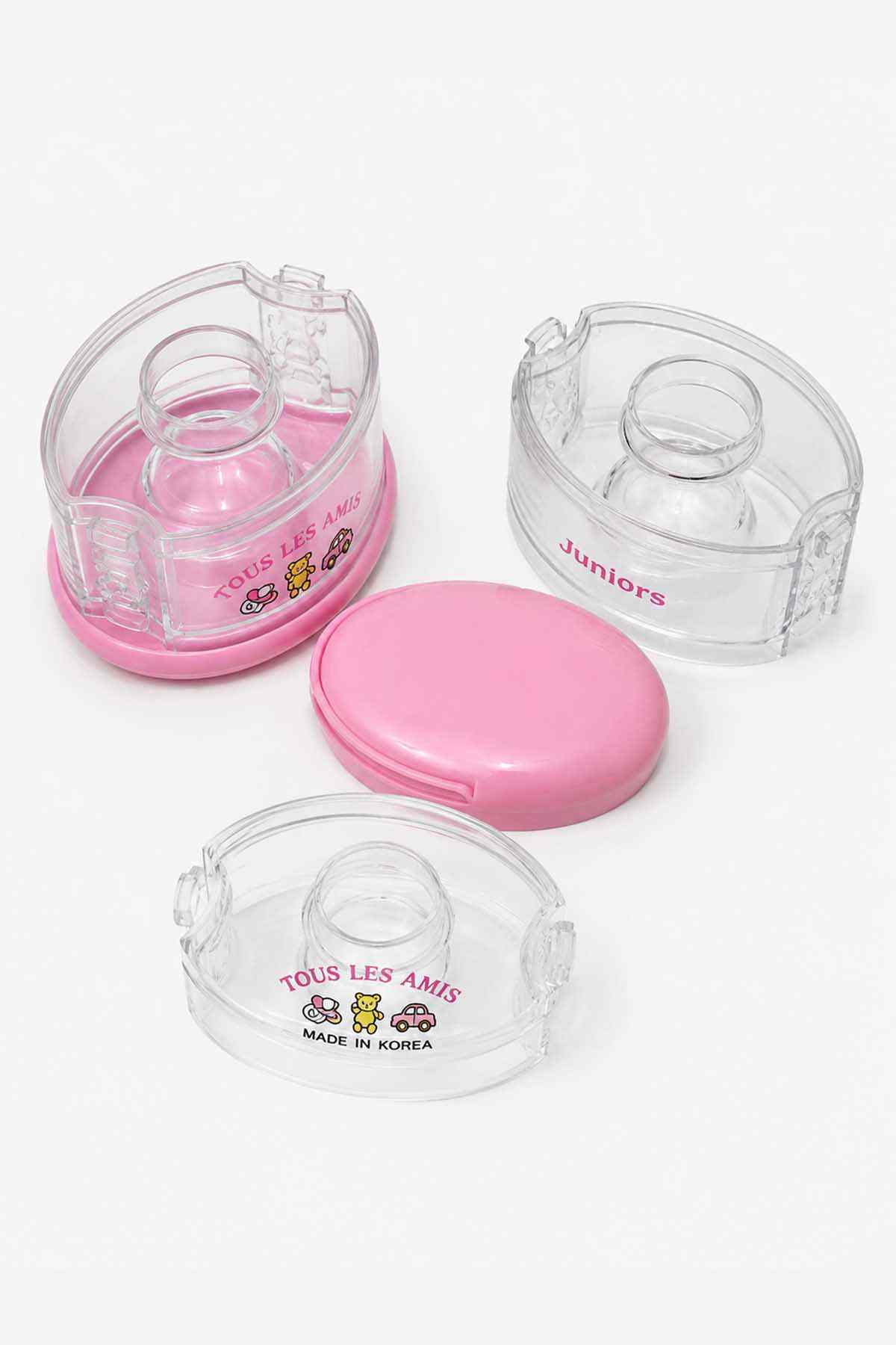 Clear and pink multi-compartment snack container with lid and base