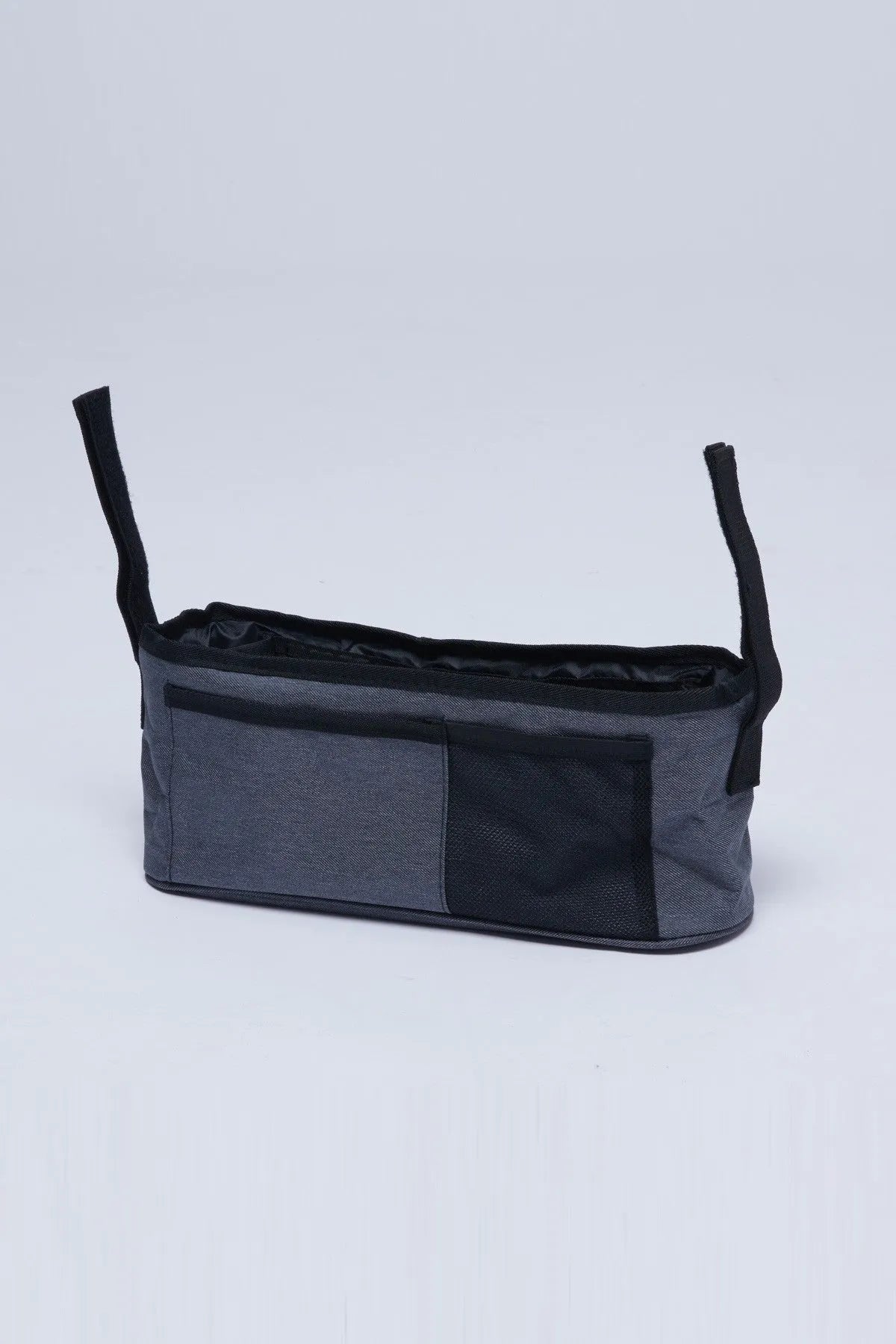 Grey stroller organizer bag with front pocket and open top