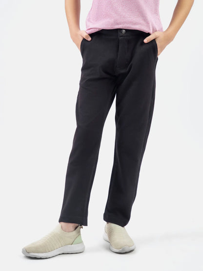 Black cotton blend pants with button-and-zip fly, belt loops and side pockets