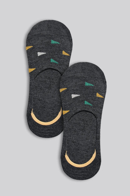 Pair of dark gray no-show socks with multicolor geometric pattern and yellow trim