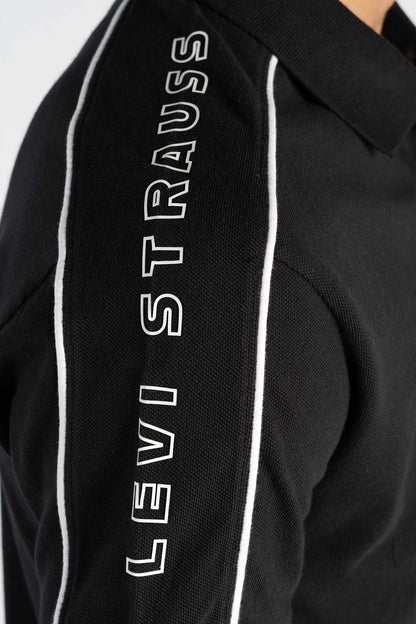 Levi's black polo sleeve stripe with vertical 'LEVI'S' text