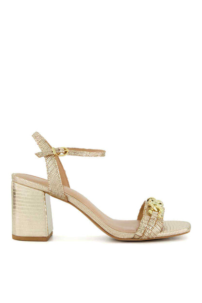 Gold heeled sandal with ankle strap tie, textured finish, chunky block heel
