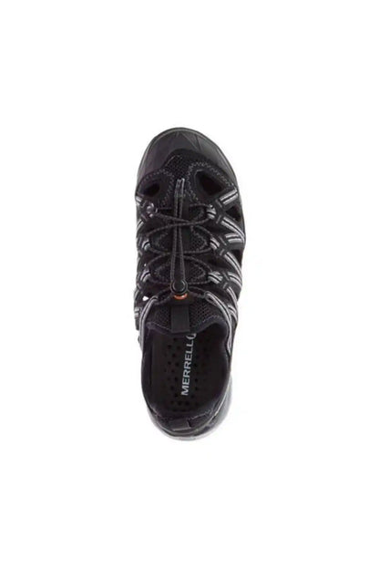 Merrell black lace-up trail shoe with mesh upper and padded collar, top view