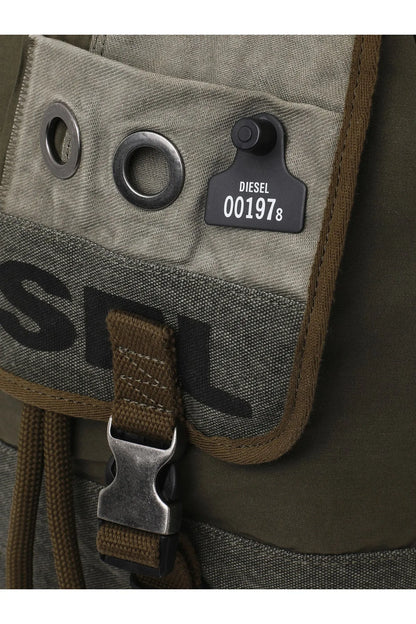 Diesel canvas backpack front patch with logo tag and metal eyelets
