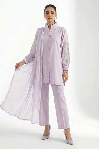 Lilac kurta set with lace-trim front, long sleeves, matching straight pants, sheer dupatta