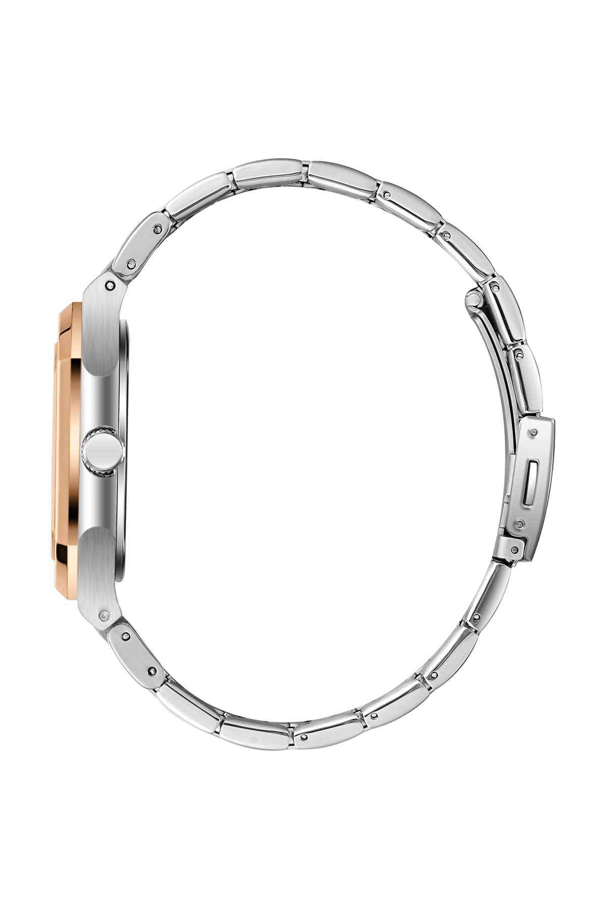 Analog watch side view with silver case and rose gold-tone strap links