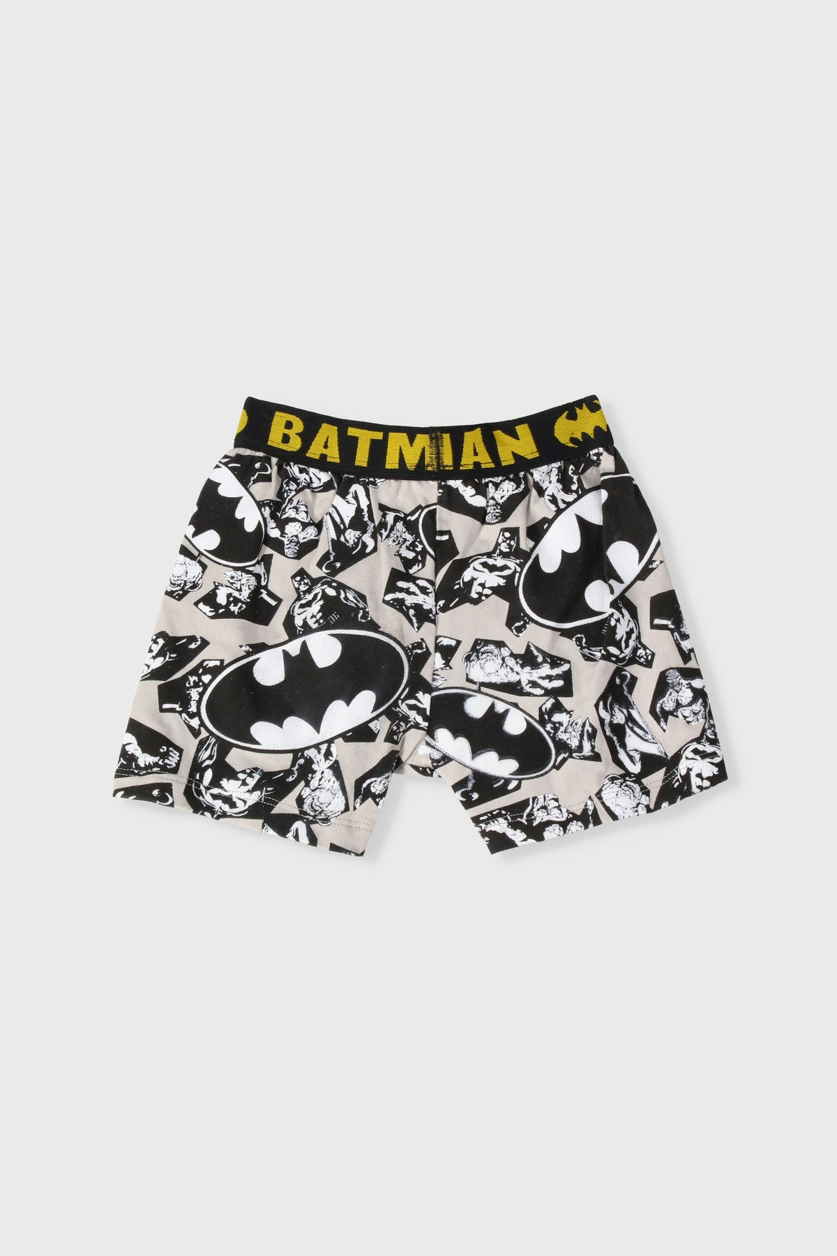 Batman collage boxer shorts, black and white with yellow “BATMAN” waistband