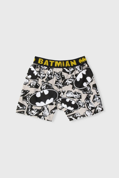 Batman collage boxer shorts, black and white with yellow “BATMAN” waistband
