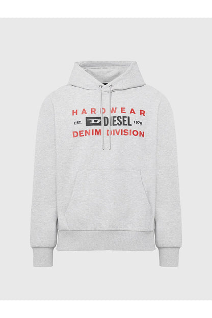 Diesel grey hoodie with drawstring hood and front logo print, kangaroo pocket