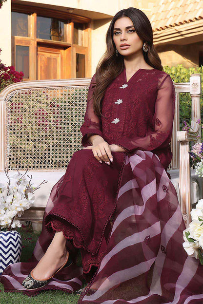 Maroon embroidered kurta dress with sheer striped dupatta and embellished hem
