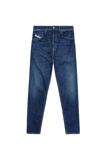 Blue denim jeans with front button and straight leg opening.
