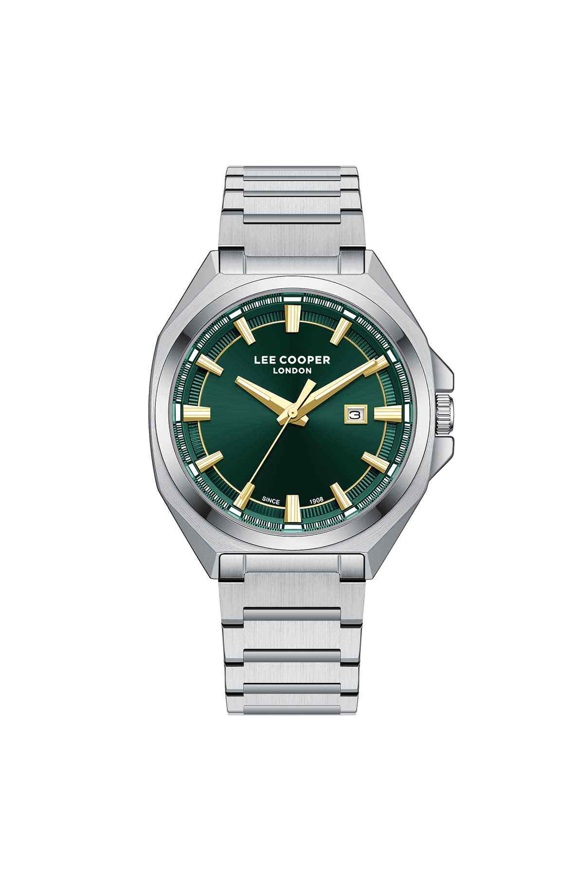 Lee Cooper silver stainless steel wristwatch with green dial and gold-tone hands