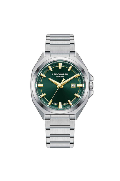 Lee Cooper silver stainless steel wristwatch with green dial and gold-tone hands
