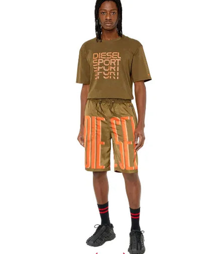 Olive T-shirt with orange "Diesel Sport" front graphic; styled with printed shorts