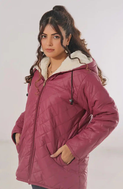 Burgundy quilted hooded winter jacket with sherpa lining, zip front and pockets.