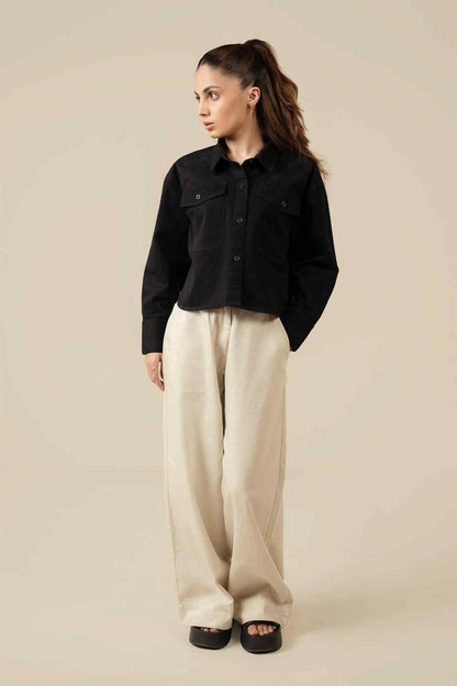 Miles black cropped button-front jacket with flap pockets and collar
