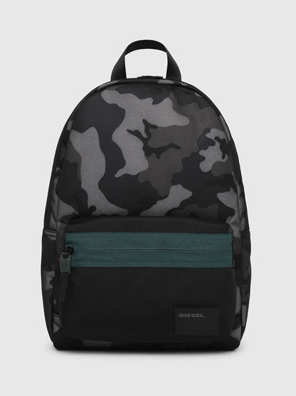 Diesel camo backpack with teal zipper front pocket and logo patch.