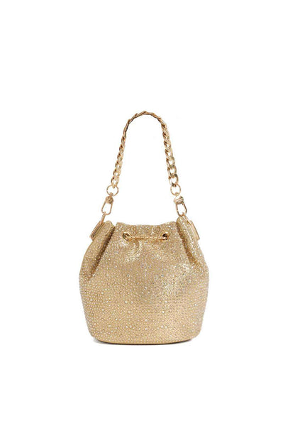Gold sequin drawstring bucket bag with top drawcord and chain handles