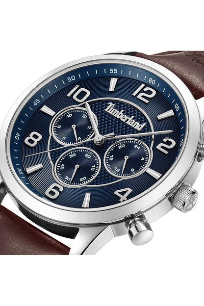 Timberland blue chronograph watch dial with subdials and silver bezel