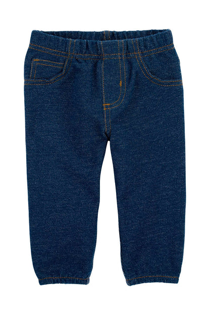 Blue heather denim jogger pants with elastic waist and stitched patch pockets