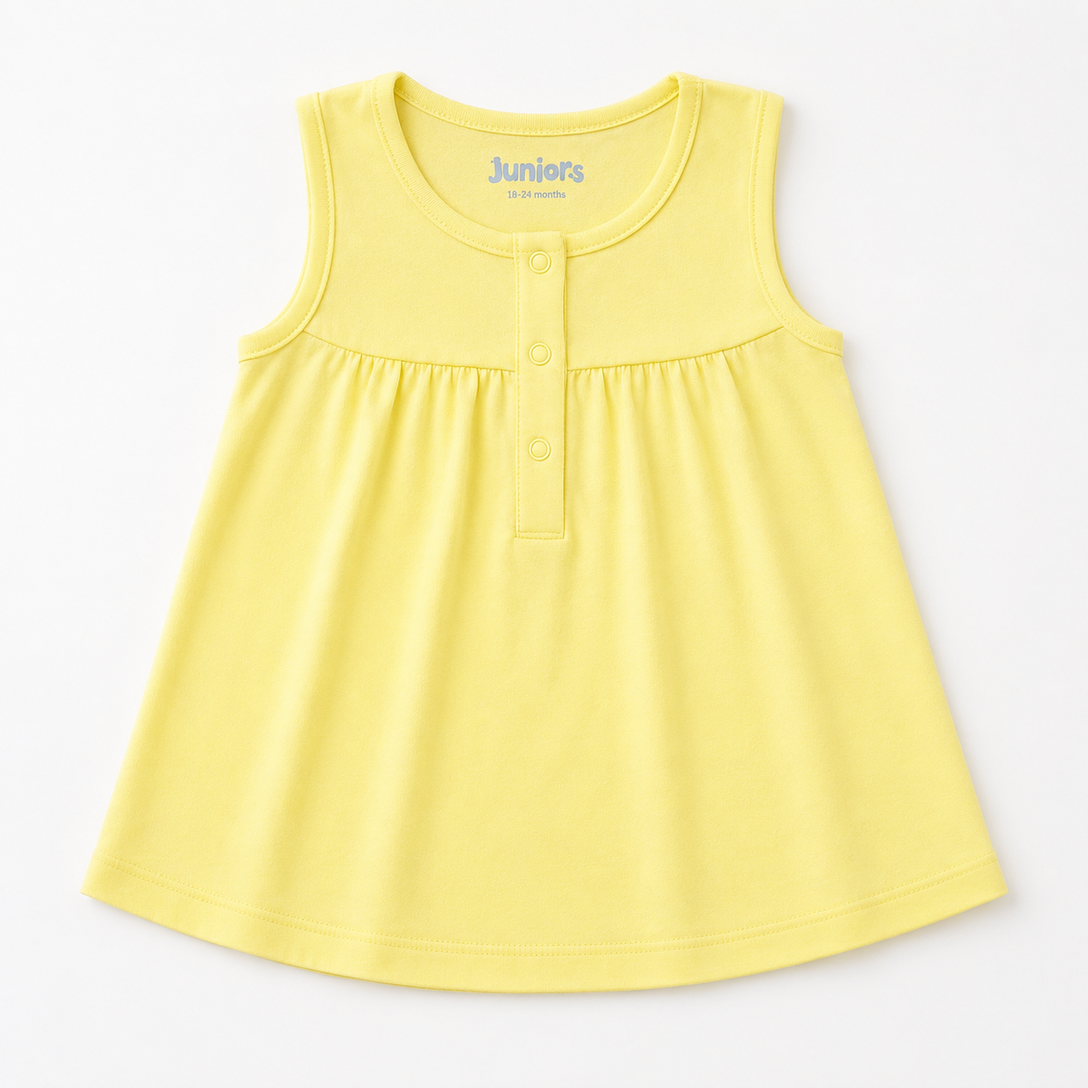 Yellow sleeveless baby dress, round neckline, button placket detail