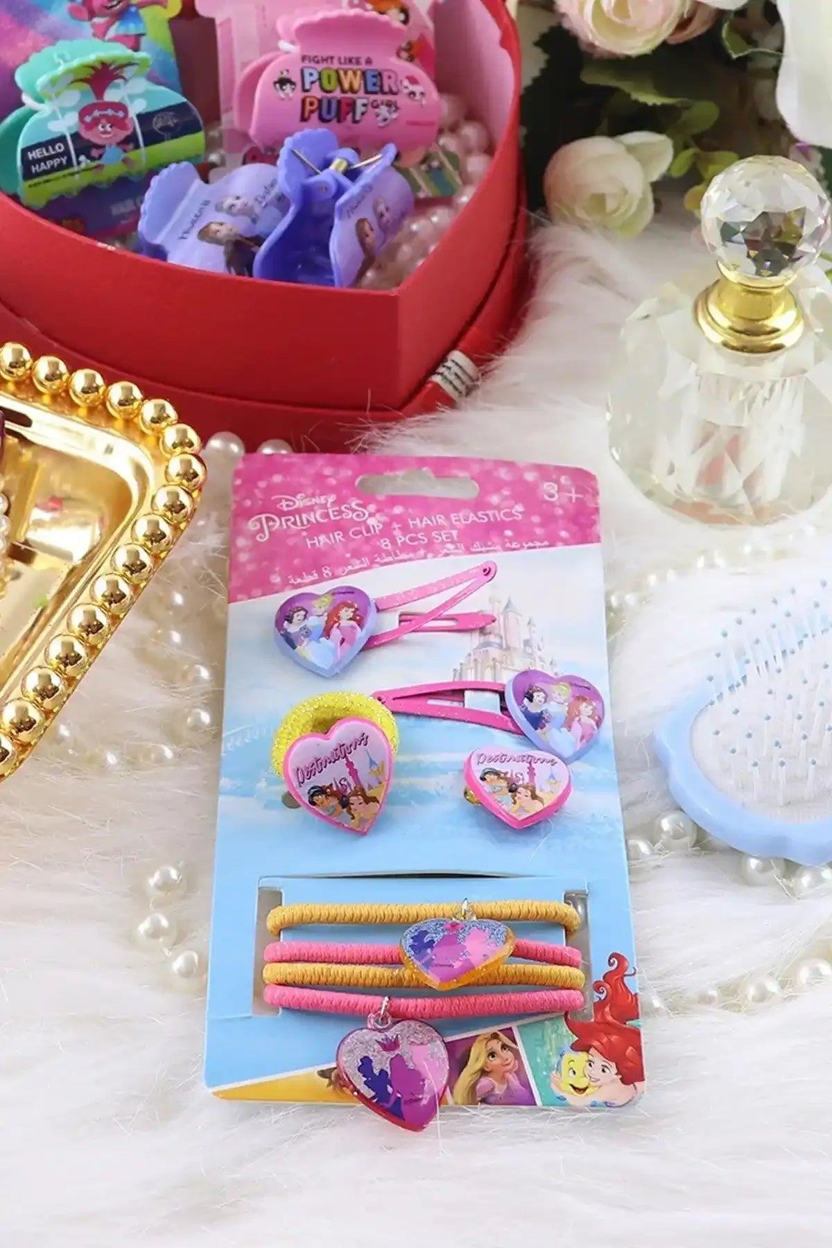 Disney Princess heart hair elastics and clips set in pink and blue package