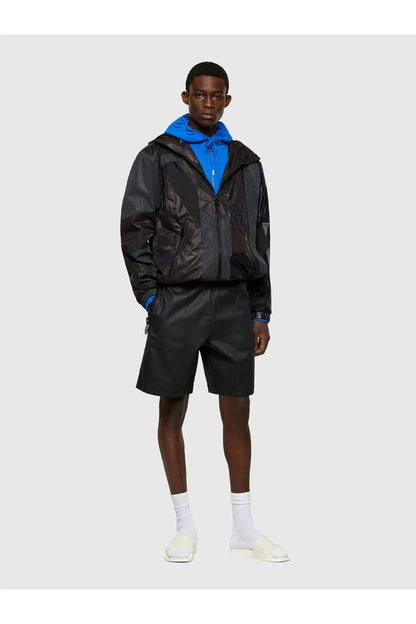 Black hooded jacket with blue inner hood and front zipper