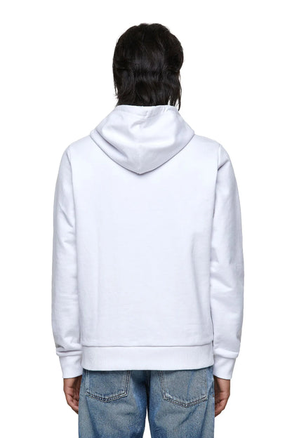 White zip-up hoodie back view with drawstring hood and ribbed cuffs and hem.