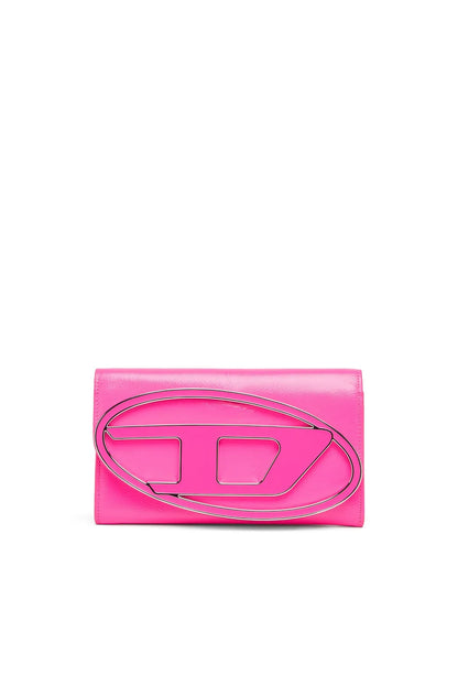 Pink Diesel crossbody bag with embossed oval logo and snap flap