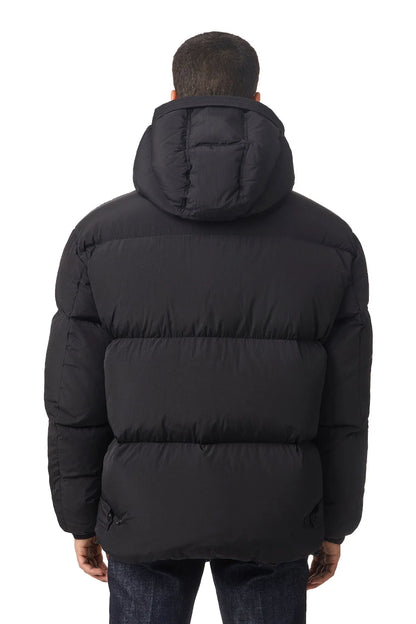 Black hooded puffer jacket, back view, quilted with front zipper and elastic hem