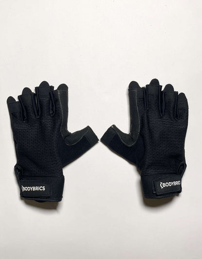 Training gloves, black with textured back and printed wrist label