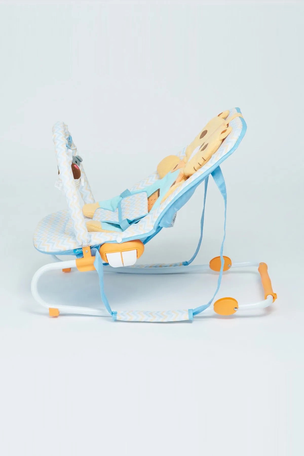 BABYSHOP light blue baby bouncer seat with orange pull toys and side frame