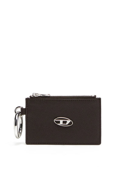 Diesel brown leather zip coin pouch with key ring and front logo