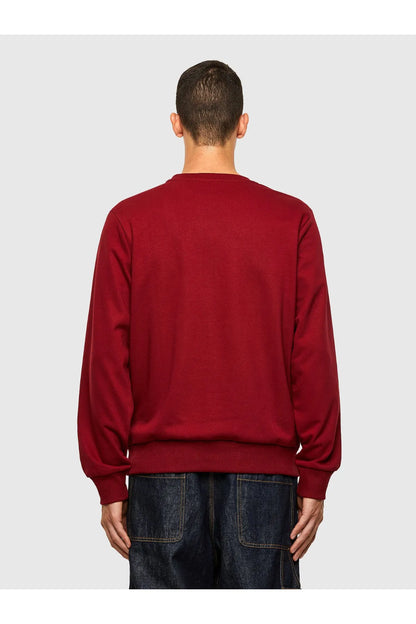Diesel maroon crewneck sweatshirt, back view with ribbed hem and cuffs