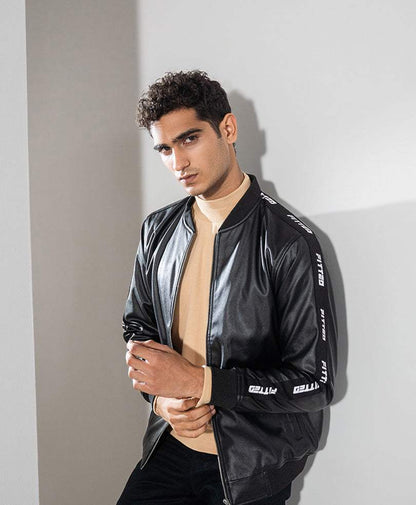 Black fitted bomber jacket with zip front, ribbed cuffs, logo print on sleeve