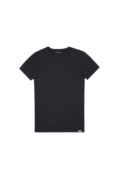Black crewneck T-shirt with small chest logo, short sleeves