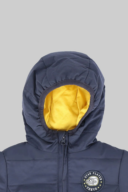 Kids' blue hooded puffer jacket with yellow inner lining and front logo badge