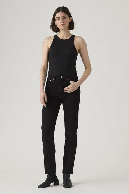 Black denim jeans with belt loops, five-pocket styling, straight leg
