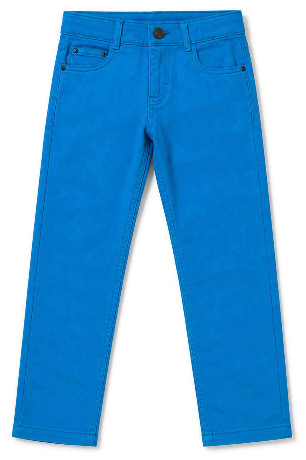 Blue denim pants with five-pocket design and button waist