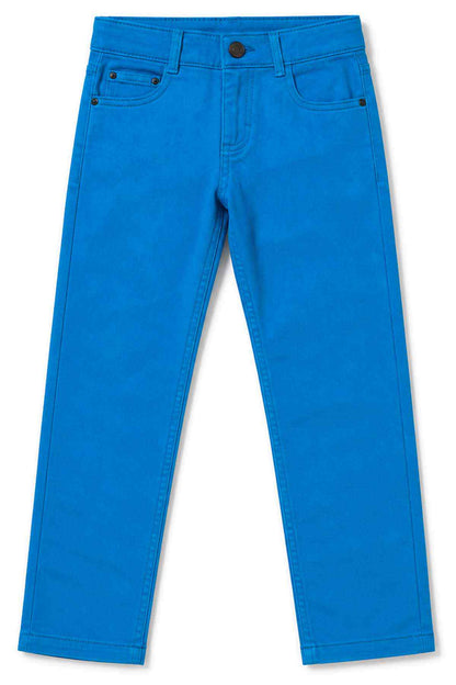 Blue denim pants with five-pocket design and button waist