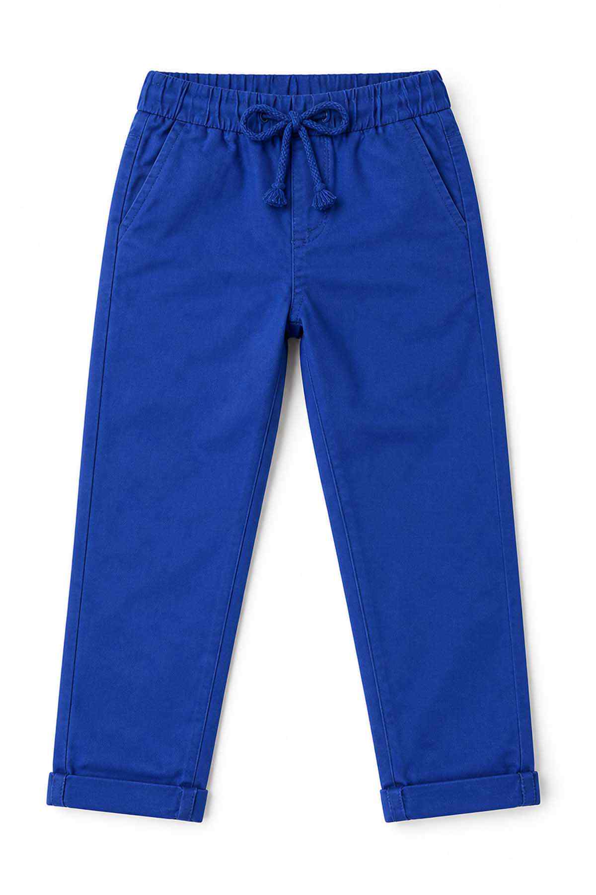 Blue kids pants with drawstring waistband and cuffed hem