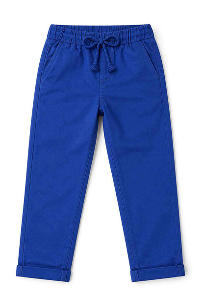 Blue kids pants with drawstring waistband and cuffed hem