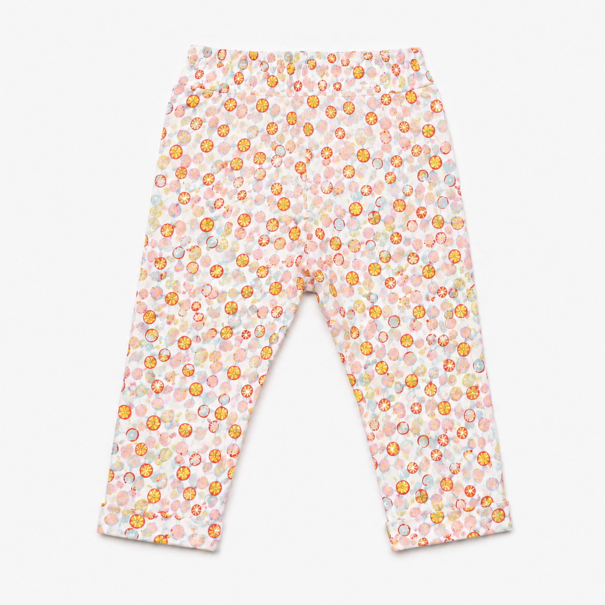 BABYSHOP baby pants, white fabric with colorful fruit print, elastic waist, back view