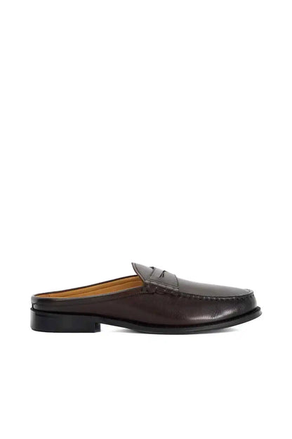 Brown leather slip-on loafer, side view with low heel