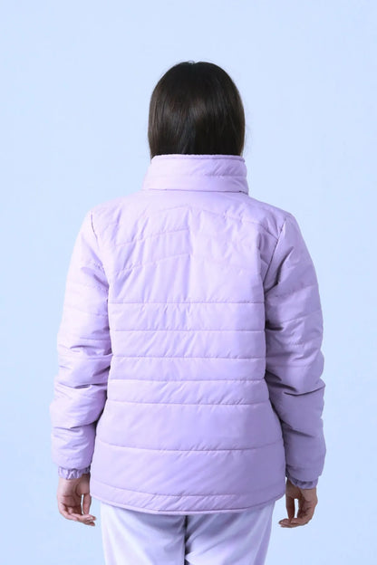 Lavender quilted jacket back view with high collar and padded quilted shoulders