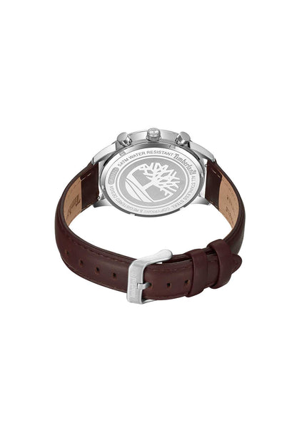 Watch case back with engraved emblem and brown leather band