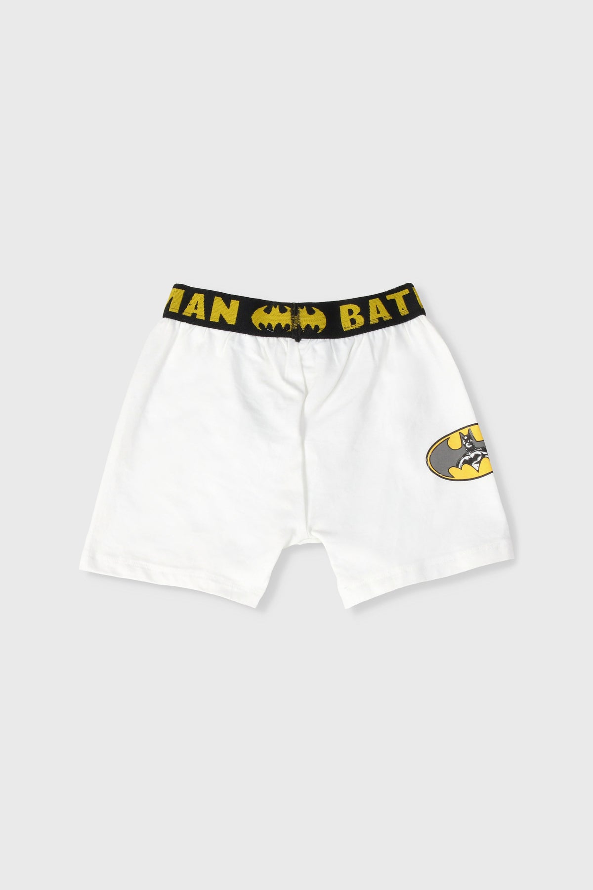 White Batman boxer shorts with yellow “BATMAN” waistband and side bat patch