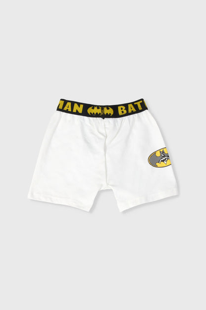 White Batman boxer shorts with yellow “BATMAN” waistband and side bat patch